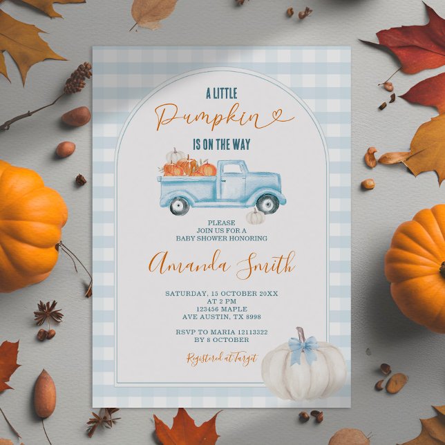 En liten Pumpkin Blue Lastbil Gingham Baby Shower Inbjudningar (Skapare uppladdad)