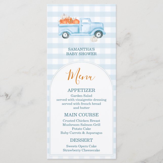 En liten Pumpkin Blue Lastbil Gingham Baby Shower Meny (Framsida)