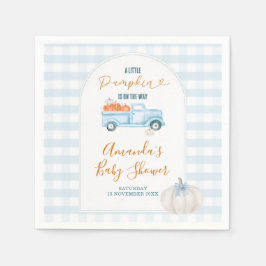 En liten Pumpkin Blue Lastbil Gingham Baby Shower Pappersservett