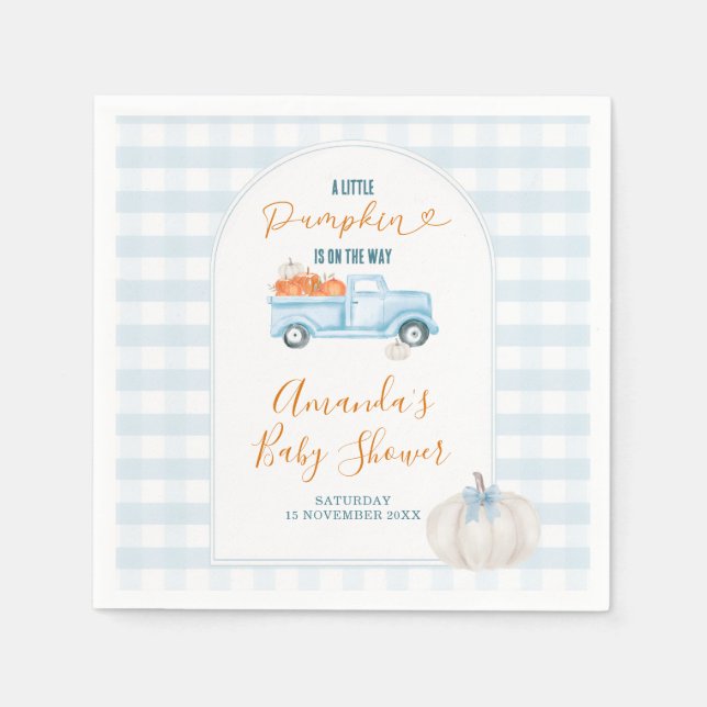 En liten Pumpkin Blue Lastbil Gingham Baby Shower Pappersservett (Framsidan)