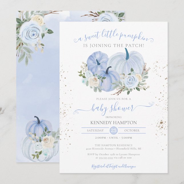En liten Pumpkin Blue White Boy Baby Shower Inbjudningar (Fram/baksida)