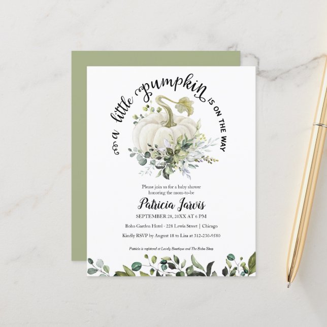 En liten Pumpkin Budget Baby Shower-inbjudan (Fram/Back In Situ)