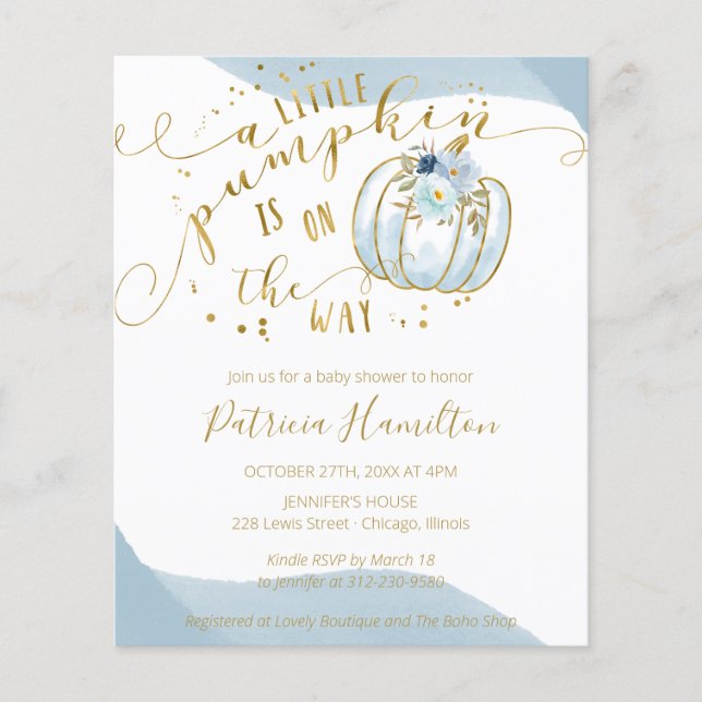 En liten Pumpkin Budget Boy Shower-inbjudan (Framsida)