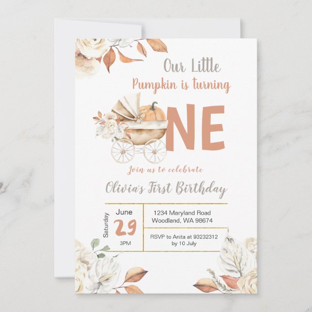 En liten pumpkin Carriage Fall Turding One Birthda Inbjudningar (Framsida)