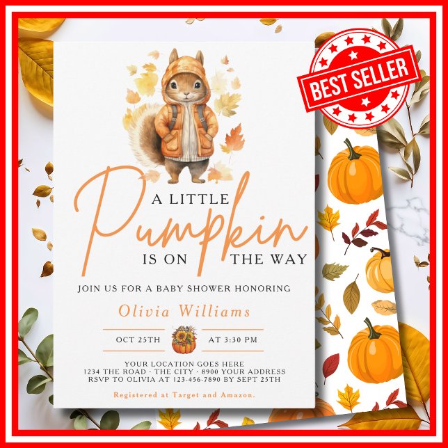 En liten pumpkin Fall Autumn SQUIRREL Baby Shower Inbjudningar (A Little Pumpkin is on the Way Fall Autumn Squirrel Baby Shower Invitation )