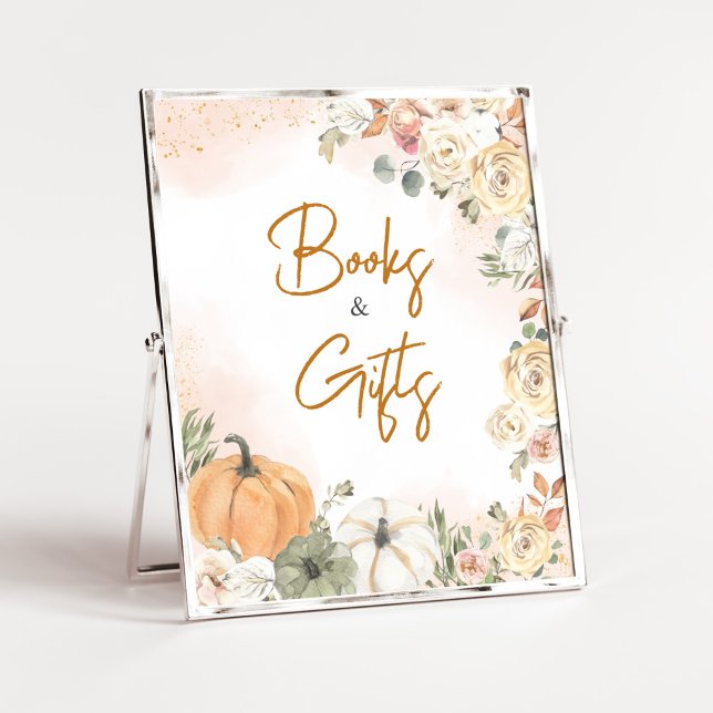 En liten Pumpkin Fall Baby Shower Bokar och presen Poster (Fall Floral Pumpkin Baby Shower Books and Gifts Sign)