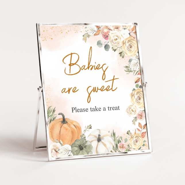 En liten Pumpkin Fall Baby Shower Spädbarn är Swee Poster (Fall Floral Pumpkin Baby Shower Babies are Sweet Sign)