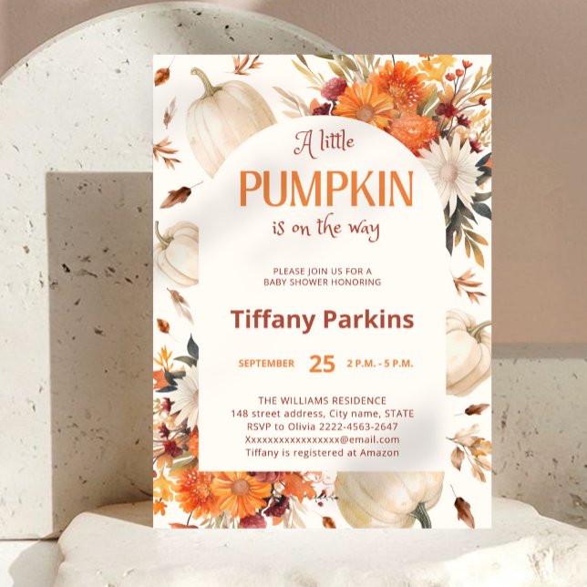 En liten Pumpkin Fall-blomma Baby Shower Inbjudningar (A little pumpkin is on the way! autumn-themed baby shower invitation with watercolor pumpkins)
