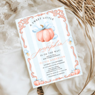 En liten pumpkin Fall Blue Bow Boy Shower Inbjudningar