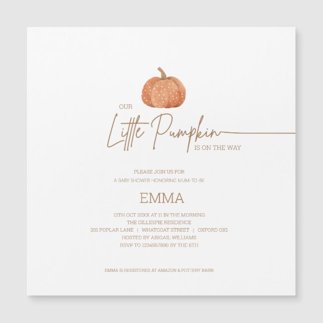 En liten pumpkin Fall Gender Neutral Baby Shower Magnetisk Inbjudningskort (Framsida)