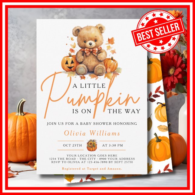 En liten Pumpkin Fall Halloween BEAR Baby Shower Inbjudningar (A Little Pumpkin Fall Halloween BEAR Baby Shower Invitation)