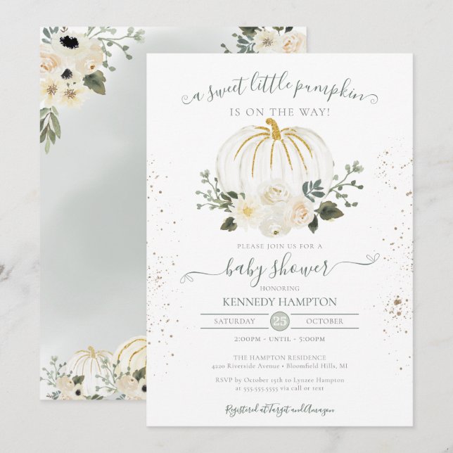 En liten pumpkin Gender Neutral Fall Baby Shower Inbjudningar (Fram/baksida)