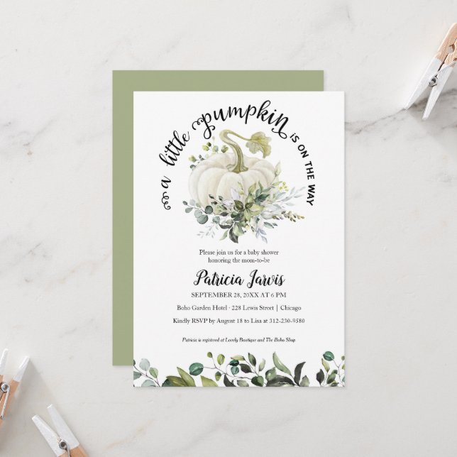En liten Pumpkin Greenery Baby Shower-inbjudan (Fram/Back In Situ)