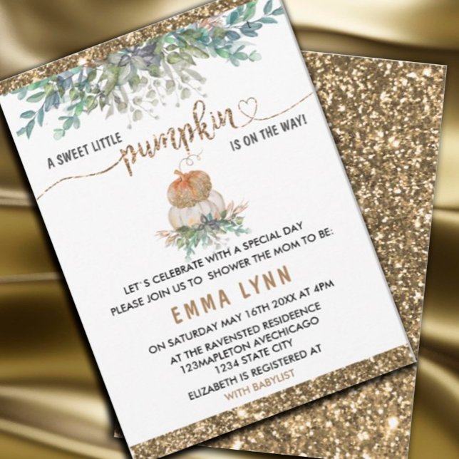 En liten Pumpkin Guld Baby Shower-inbjudan Inbjudningar (#zazzlemade #pumpkingolg #whitepumpkin #babyshowerinvitation #pumpkinbabyshower #autumnbabyshower #f)