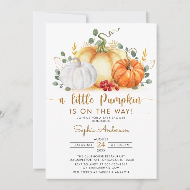 En liten Pumpkin Guld Glitter Fall Baby Shower Inbjudningar (Framsida)