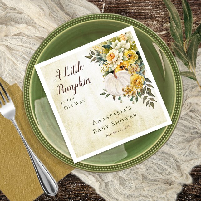 En liten Pumpkin Harvest Guld Blommigt Baby Shower Pappersservett (Boho chic elegant fall / autumn "A Little Pumpkin" gender neutral Baby Shower)
