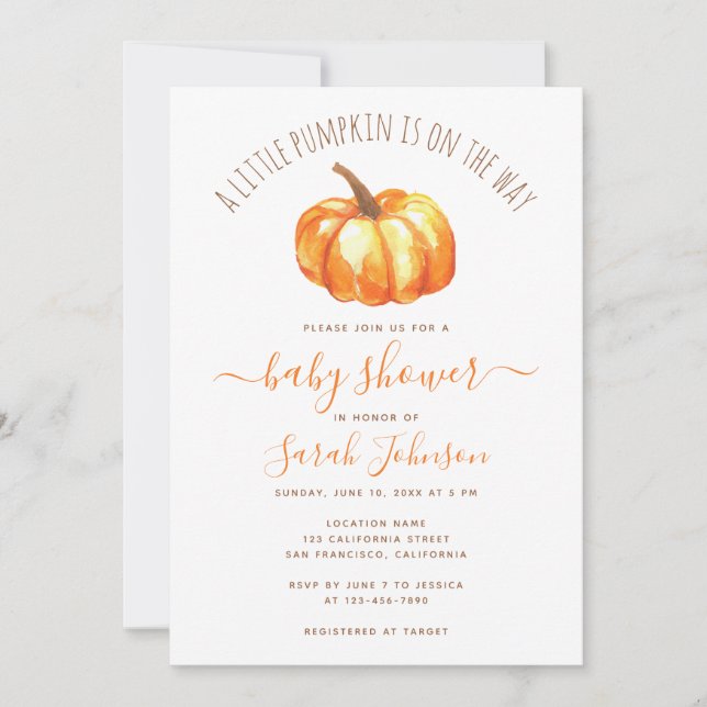 En liten Pumpkin-höst-babykläder, vattenfärg Inbjudningar (Framsida)
