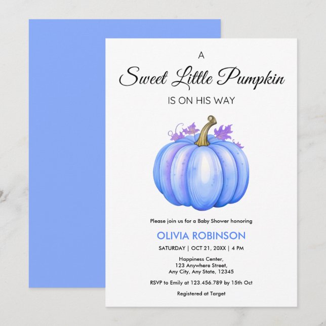 En liten pumpkin hösten Fall Blue Boy Shower Inbjudningar (Fram/baksida)