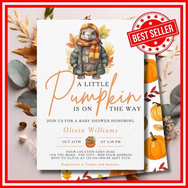 En liten pumpkin-hösthösten TURTLE babystövel Inbjudningar (A Little Pumpkin is on the Way Fall Autumn CUTE TURTLE Baby Shower Invitation)