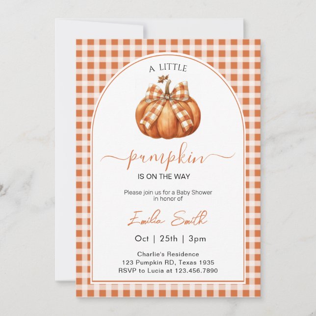 En liten Pumpkin Orange gingham Baby Shower Inbjudningar (Framsida)