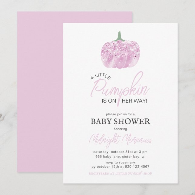 En liten Pumpkin Rosa Halloween Baby Shower Inbjudningar (Fram/baksida)