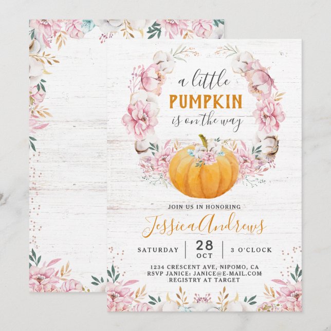 En liten Pumpkin Rustic Cotton-Blommigt Inbjudningar (Fram/baksida)