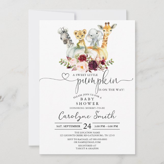En liten Pumpkin Safari Animals Baby Shower Inbjudningar (Framsida)