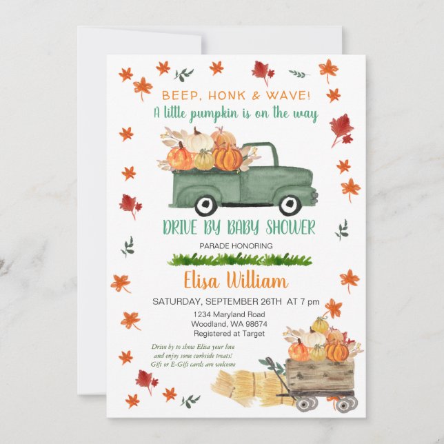 En liten Pumpkin Safari Drive by Baby Shower Inbjudningar (Framsida)