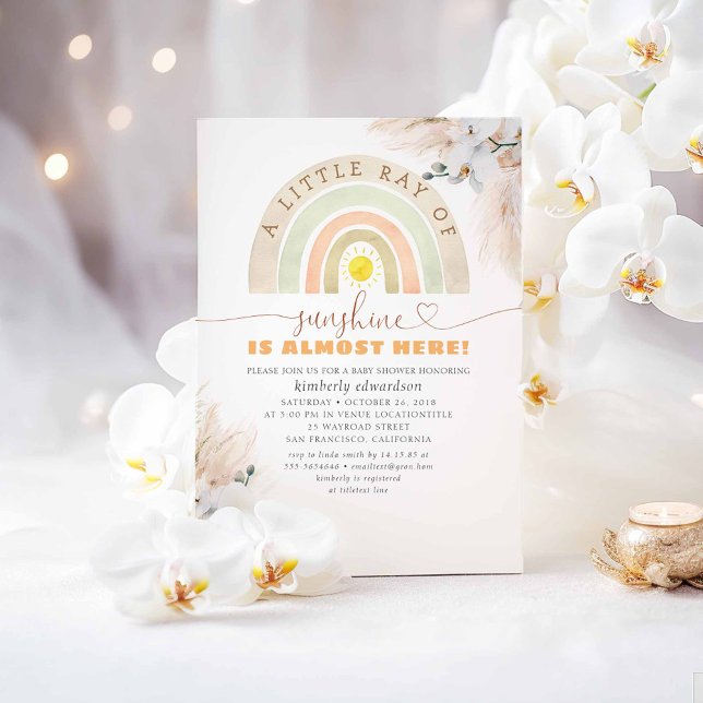 En liten Ray från Sunshine - Regnbåge Babyskor Inbjudningar (A Little Ray Of Sunshine Is Almost Here - Cute Boho Baby Shower Invitations)