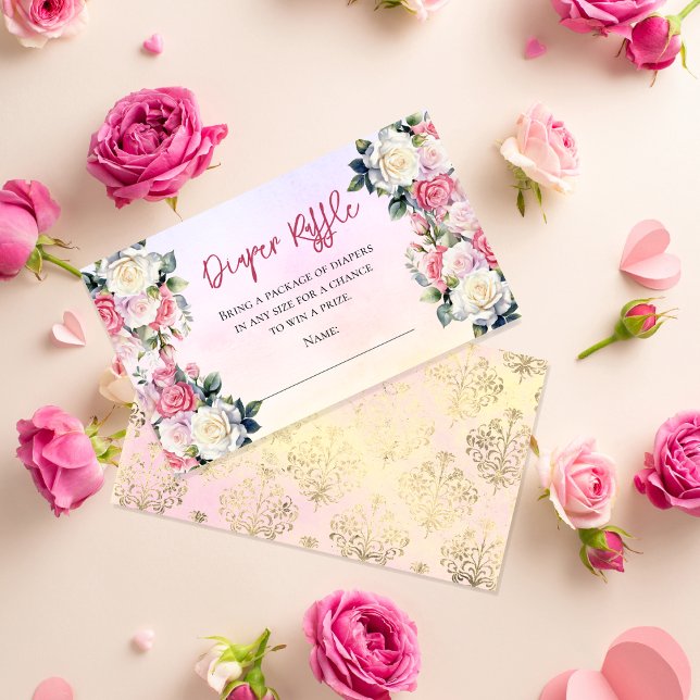 En liten Ro-Blommigt-damm Raffle Tilläggskort (Pink Rose Bouquets Girl Baby Shower "Diaper Raffle" Insert Card -- A Little Rose Collection)