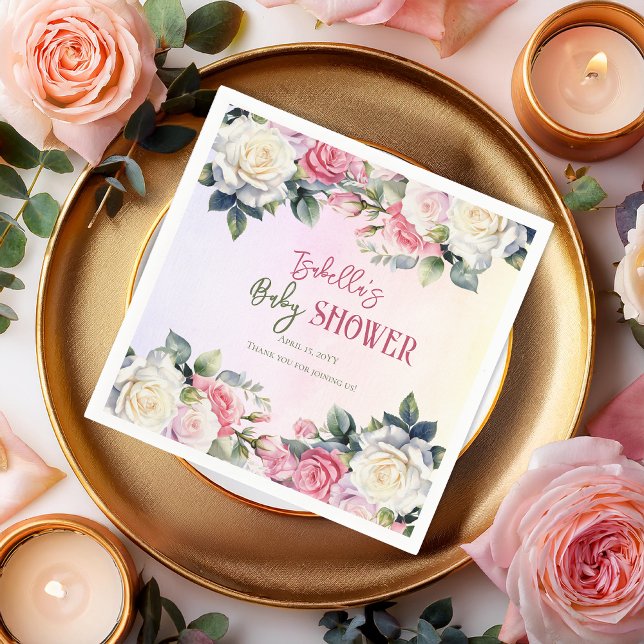 En liten Ro Girl Blommigt Baby Shower Pappersservett (Pink Rose Floral Bouquets Girl Baby Shower Paper Napkins -- A Little Rose Collection)