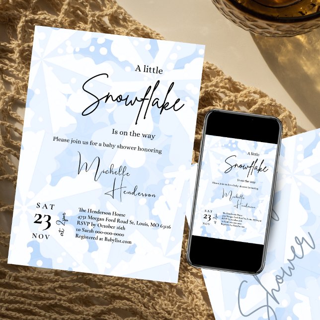 En liten snöflammande blå vinter-babystövel inbjudningar (Skapare uppladdad)