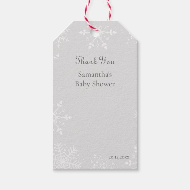 En liten snöflinga är på väg mot Baby tack Presentetikett (Framsidan)