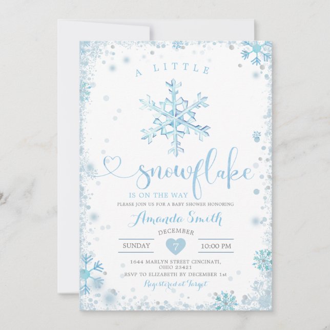 En liten snöflingor, babystövel inbjudningar (Framsida)