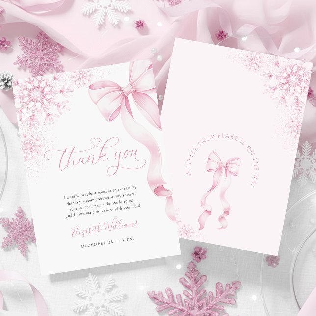 En liten snöflingor Rosa Bow Baby Shower Tack Kort (Skapare uppladdad)