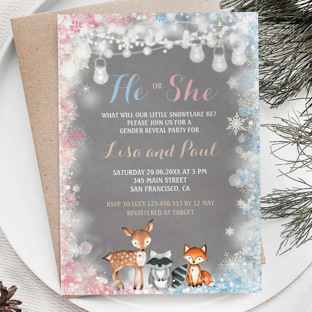En liten snöflumma är på väg mot Gender Reveal Inbjudningar (Skapare uppladdad)