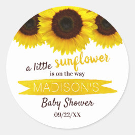 En liten solros är på väg! Baby Shower Runt Klistermärke