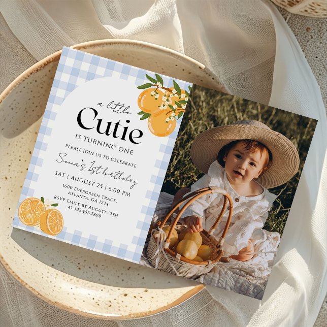 En liten söt orange citrus 1-års födelsedagsfoto inbjudningar (Skapare uppladdad)