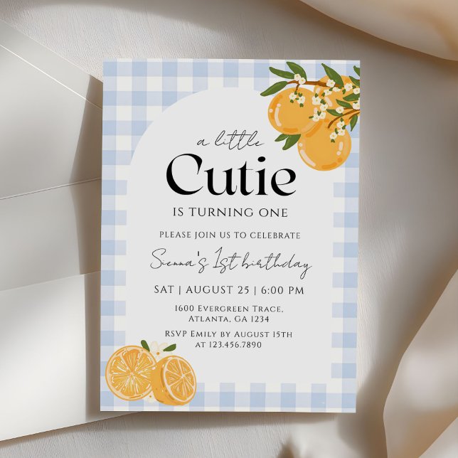 En liten söt orange gingham citrus 1-årsfest inbjudningar (Skapare uppladdad)