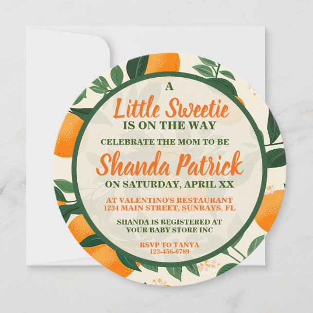 En liten söt orange tema baby shower inbjudningar (Framsida)