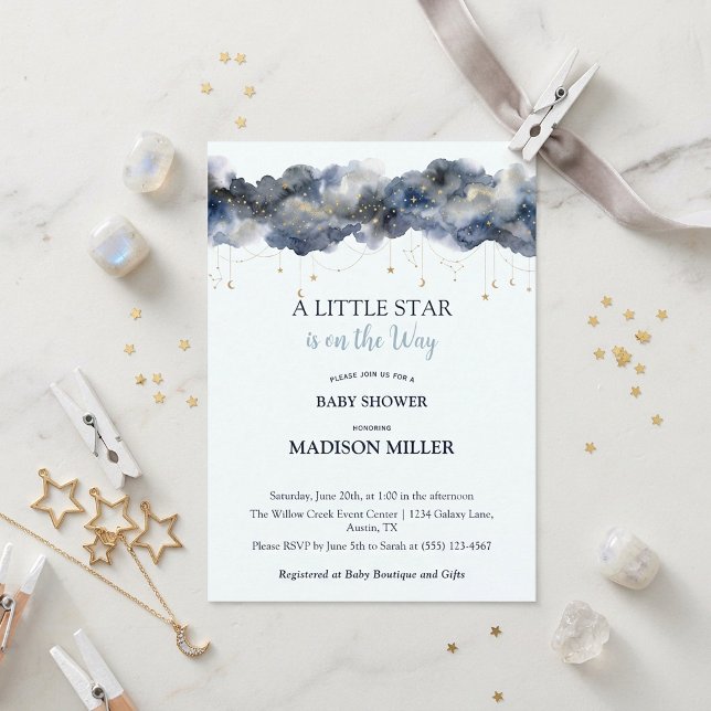 En liten stjärna Celestial Navy Cloud Bebis Bebisd Inbjudningar (A Little Star Celestial Navy Cloud Baby Shower Watercolor Invitation)