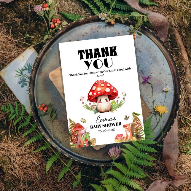 En liten svamp i Mushroom Butterfly Moth Baby Show Tack Kort (a Little Fungi Mushroom Butterfly Moth Baby Shower Thank You )