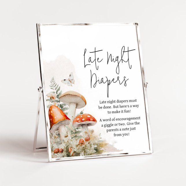 En liten svamp som blev omkastad sent på natten poster (Little Mushroom Baby Shower Late Night Diapers Sign)