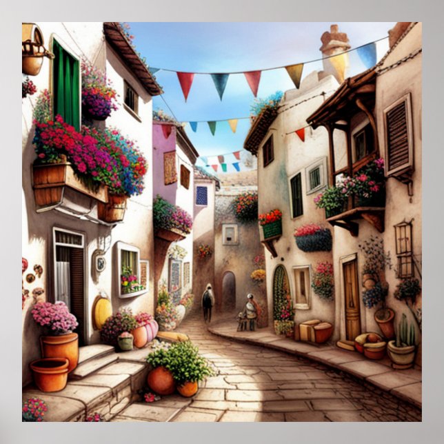 En liten turiststad, små gator och blommor 1 poster (Framsidan)