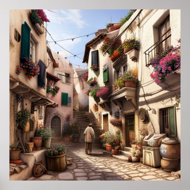 En liten turiststad, små gator och blommor 2 poster (Framsidan)