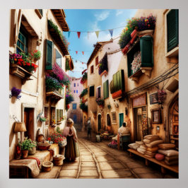 En liten turiststad, små gator och blommor poster