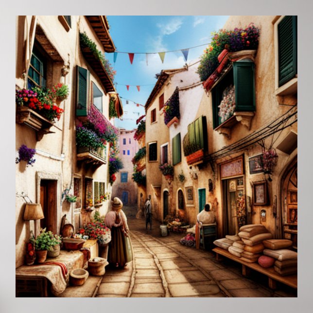 En liten turiststad, små gator och blommor poster (Framsidan)