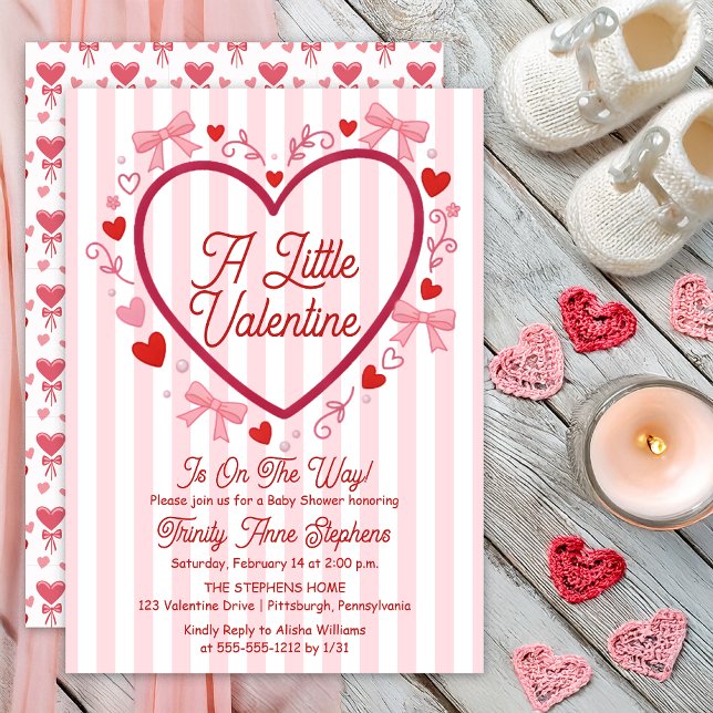 En liten valentin flirtig flicka baby shower inbjudningar (A Little Valentine Is On the Way! Pink and Red Stripes | Heart Coquette Girl Baby Shower Print Digi)