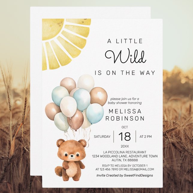 En liten Vild kute Bear Modern Bubbar Inbjudningar (A Little Wild Cute Bear Modern Balloons Invitation)