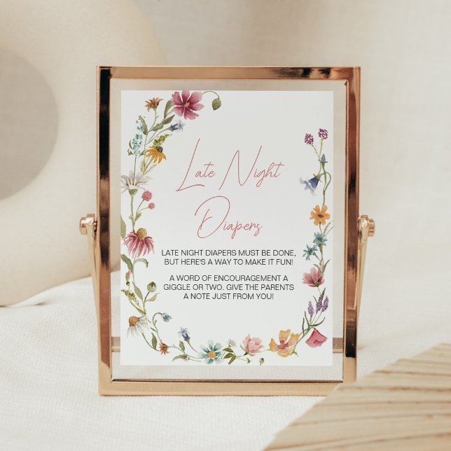 En liten vildblomma, babyskor sen natt poster (Wildflower is on the way Baby Shower Late Night Diapers Sign)